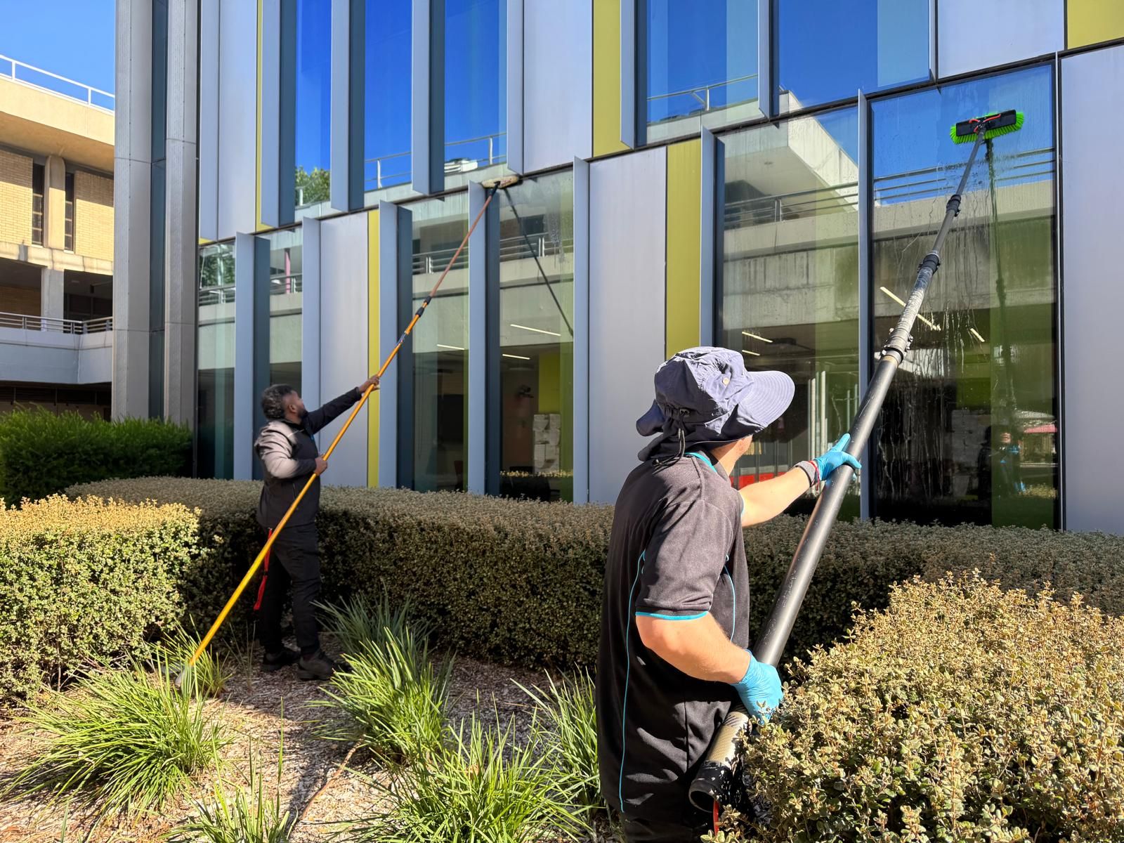 Cleaners cleaning windows